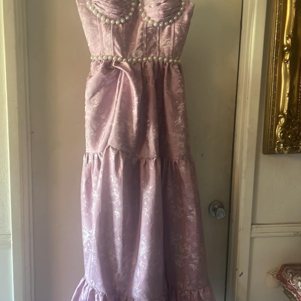 Pink Pearl-Trim Strapless Satin Dress